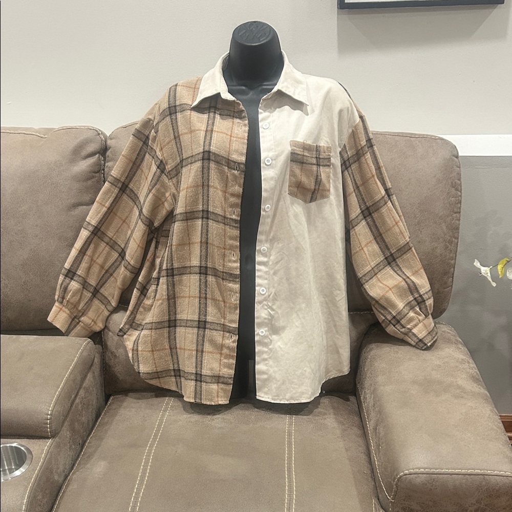 SHEIN Beige and Brown Plaid Women's Button Down Shirt